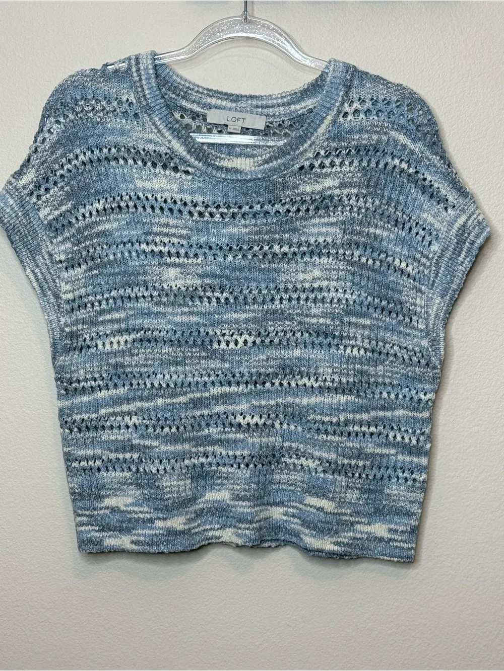 LOFT Blue & White Open-Stitch Short-Sleeve Knit Top Medium